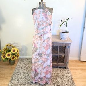 NWT XS bohemian tie dye stretchy colorful pink and gray maxi dress